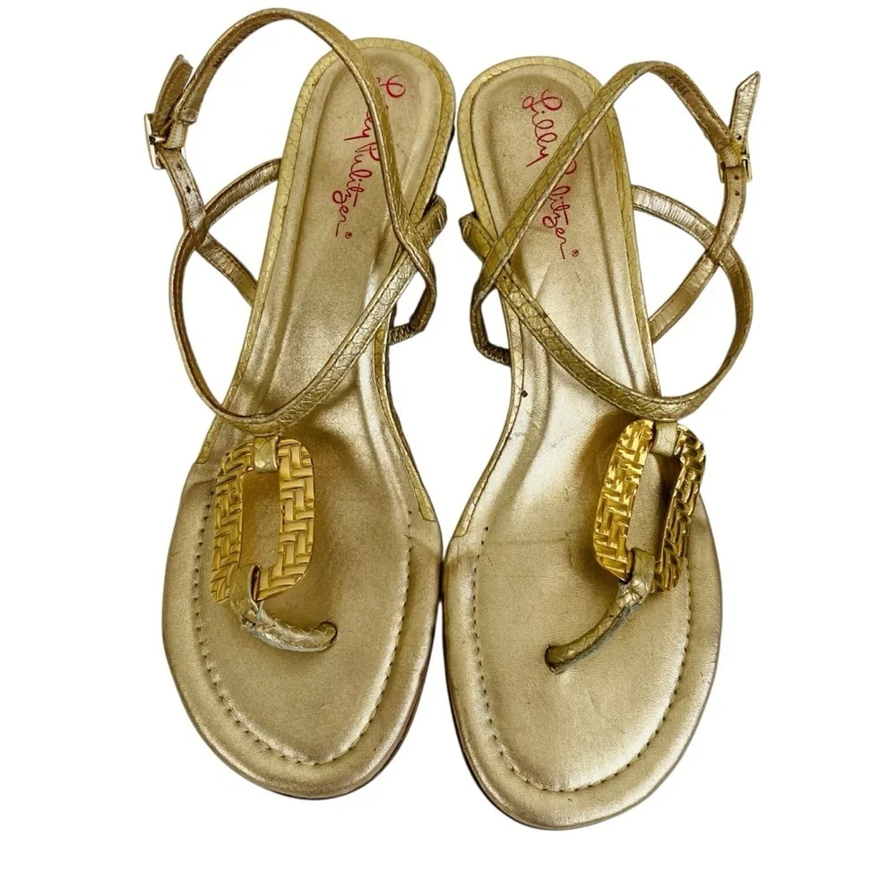 Lily Pulitzer Gold Metallic Wedge Sandals Buckle Detail Size 7.5